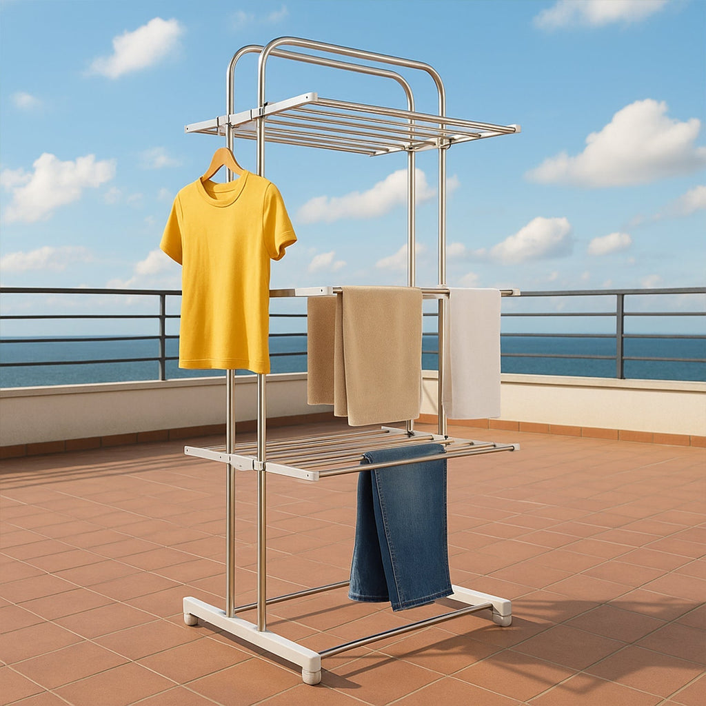 3 Layer Foldable Stainless Steel Cloth Drying Stand with Wheels